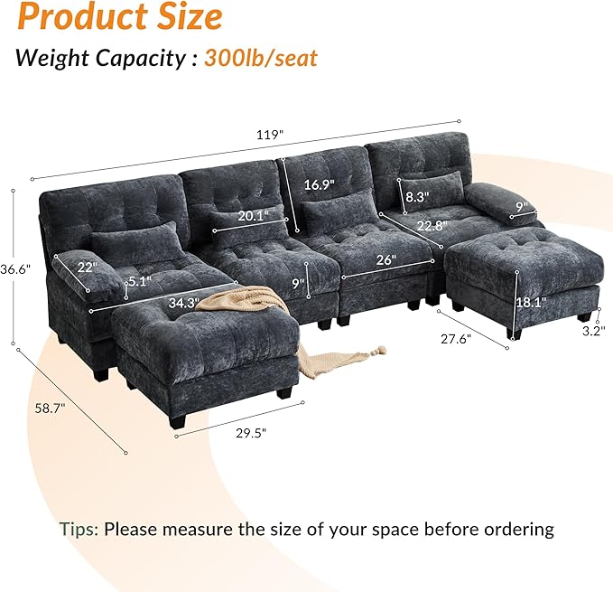 GRAINLLE 119'' Modular Sectional Cloud Couch with 2 Ottoman,Deep Seat Sleeper Sofa U Shaped Sectional Couch,Convertible Upholstered Comfy Chenille Sectional Sofa for Living Room,Bedroom(Blue)