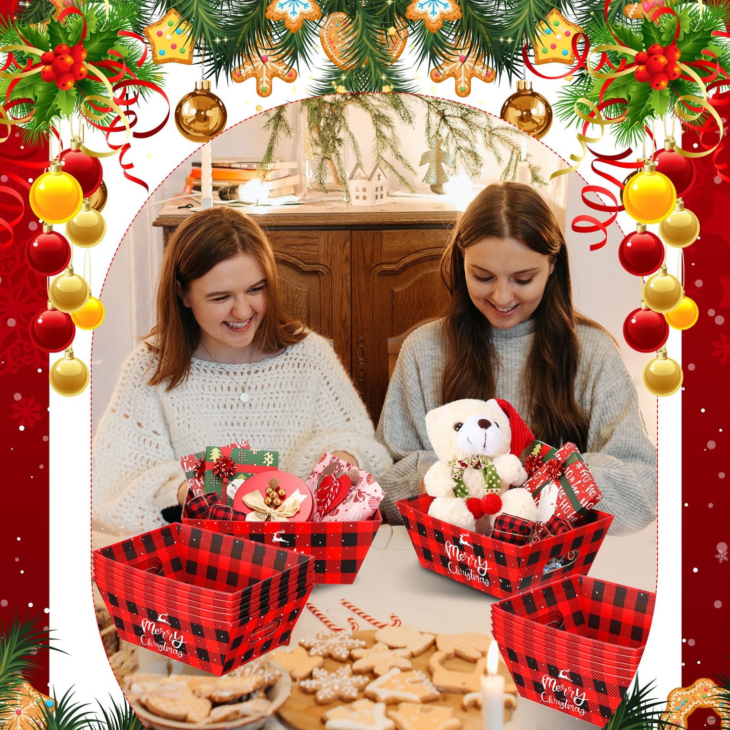 Yeaqee 36 Pcs Christmas Baskets for Gifts Empty Set Includes Buffalo Plaid Christmas Basket for Gifts to Fill, Sturdy Cardboard Baskets Bulk 12 Bags 12 Pull Bows for Xmas