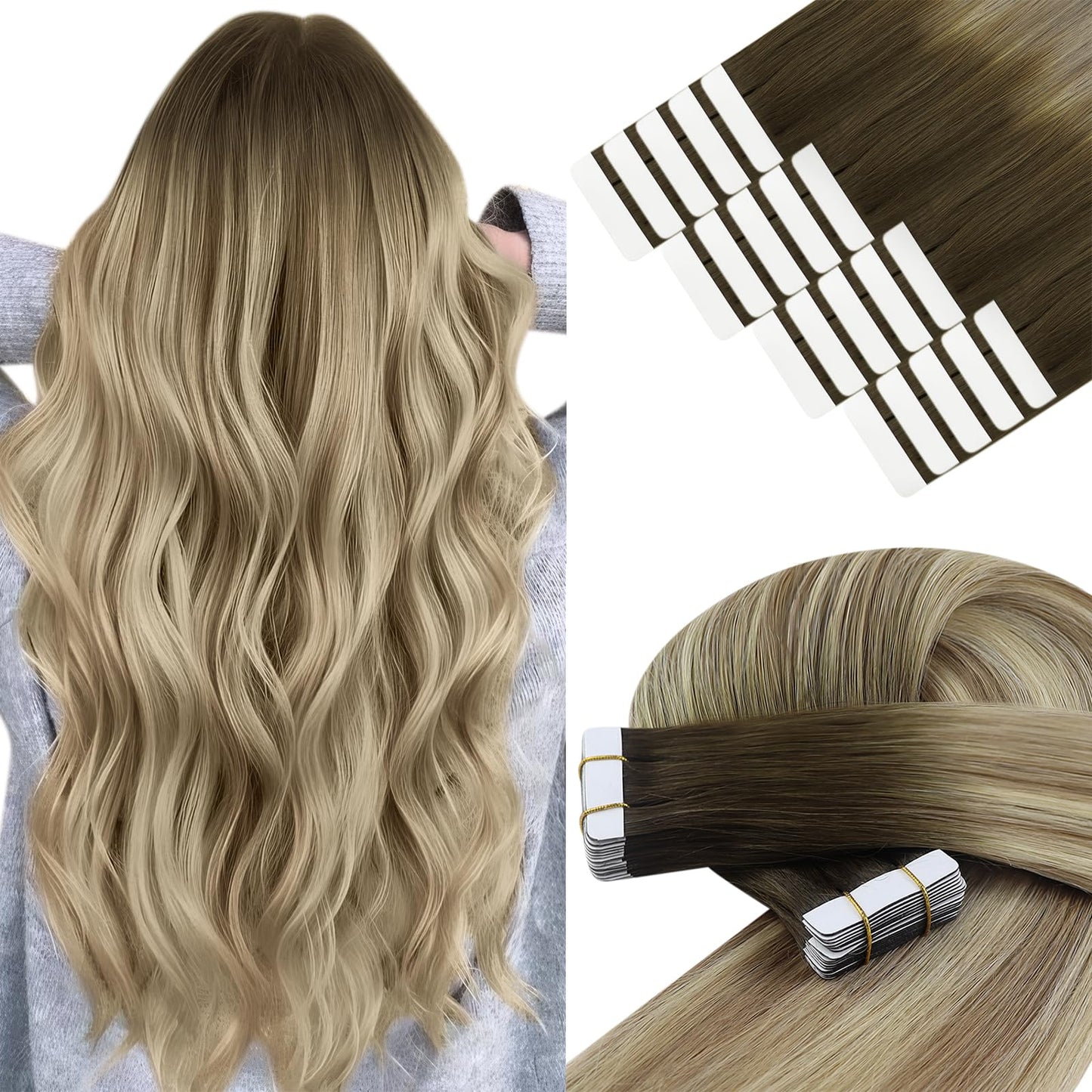 YoungSee Tape in Extensions Human Hair Balayage Brown Tape in Hair Extension Real Human Hair Brown Ombre Blonde Tape in Human Ha
