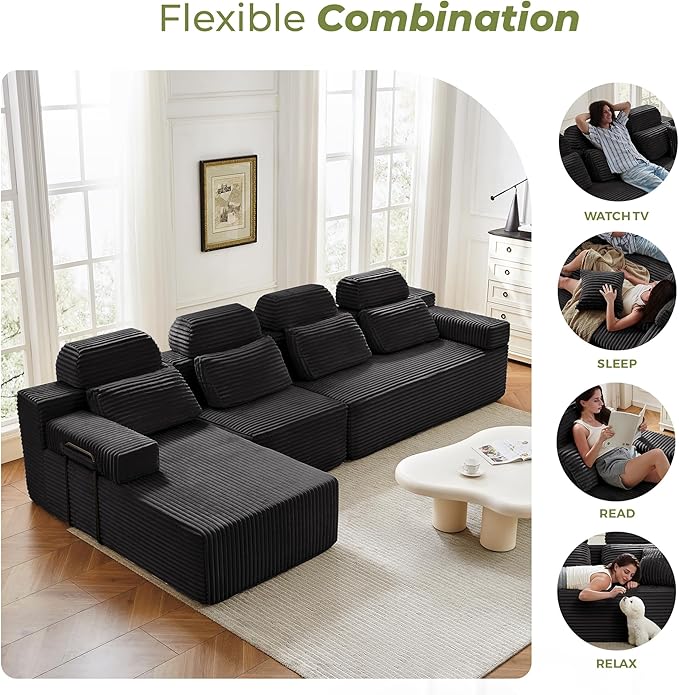136" L-Shaped Cloud Modular Sectional Sofa with Chaise & Headrest, Boneless Deep Seat Plush Corduroy Couches for Large Living Room, No Assembly Required (Black, 136" L-shapred Chaise)