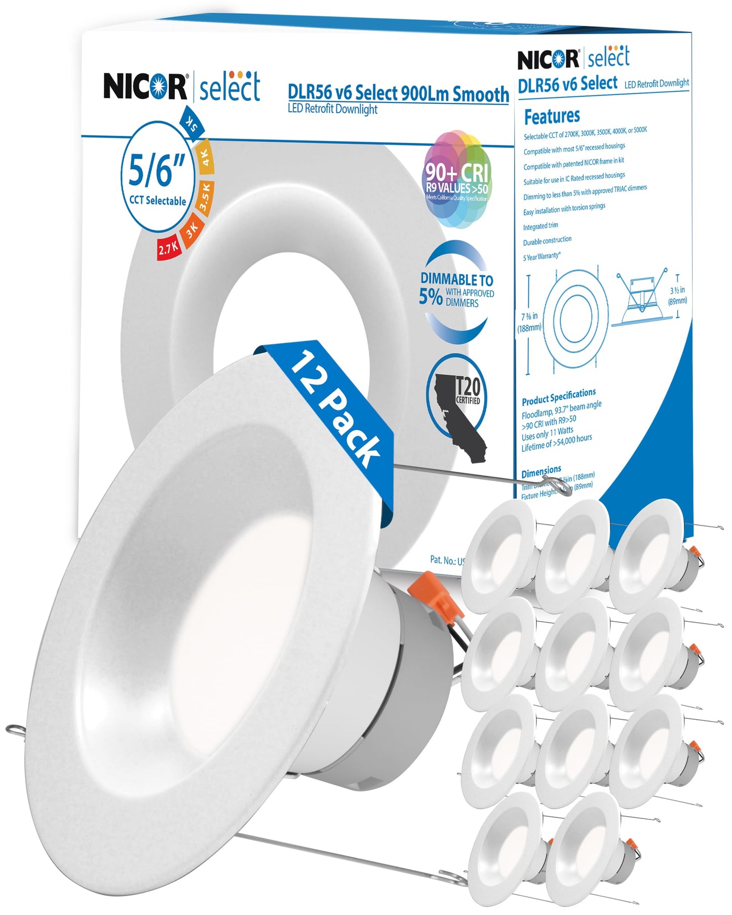 NICOR Lighting Recessed Ceiling Lights LED Downlight - Dimmable 5/6 inch LED Recessed Light Fixtures - Selectable CCT 2700K-5000K, 918 Lumens, 10.3W - DLR56 Retrofit Ceiling Light, White, 12-Pk