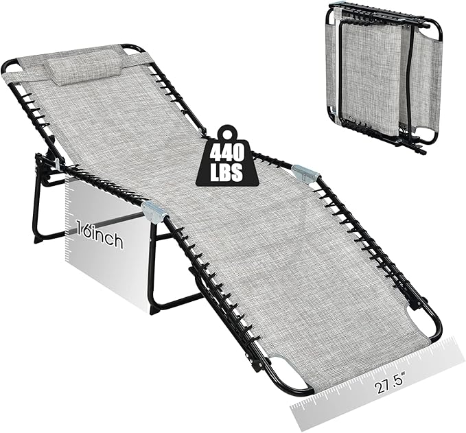 GYMAX Lounge Chair for Outside, 440lbs 27” Oversize Folding Beach Tanning Sunbath Chair with Adjustable Backrest & Removable Pillow, Lightweight Portable Patio Lounger for Lawn Poolside (1, Grey)