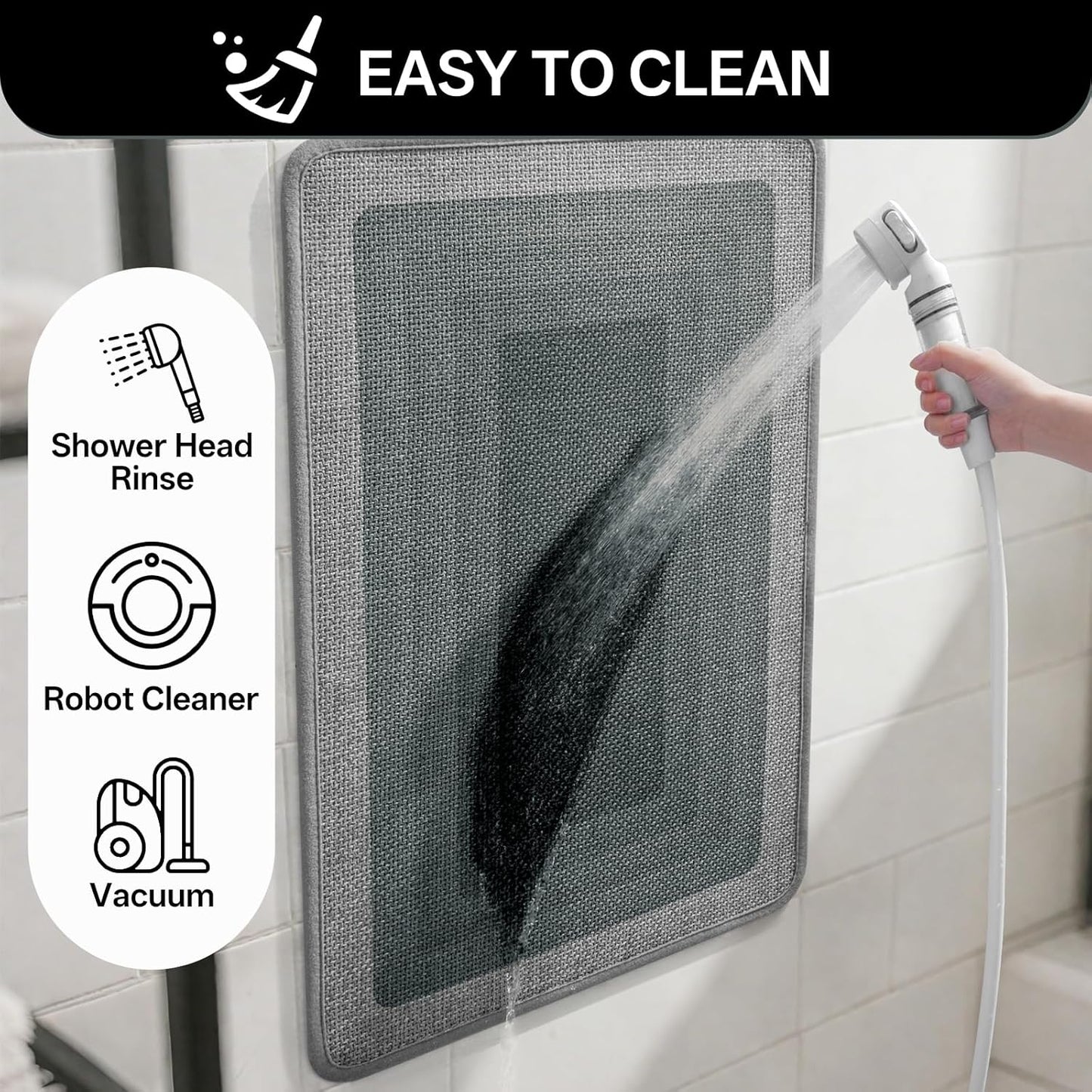 Non Slip Bath Mat Bathroom Rugs, Quick Dry Super Absorbent Washable Shower Bath Mats, Rubber Backing Ultra Thin Bathroom Rug Fit Under Door, Grey 24x36