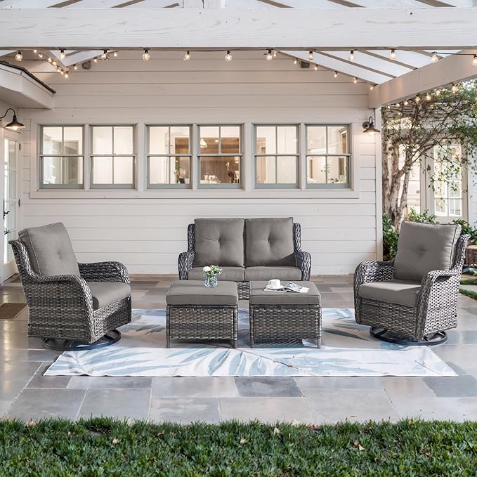 Belord 5 Piece Outdoor Patio Furniture Set - Wicker Furniture Patio Conversation Set, Outdoor Swivel Rocker Chairs with Loveseat Sofa and 2 Ottomans for Small Space, Gray Cushion