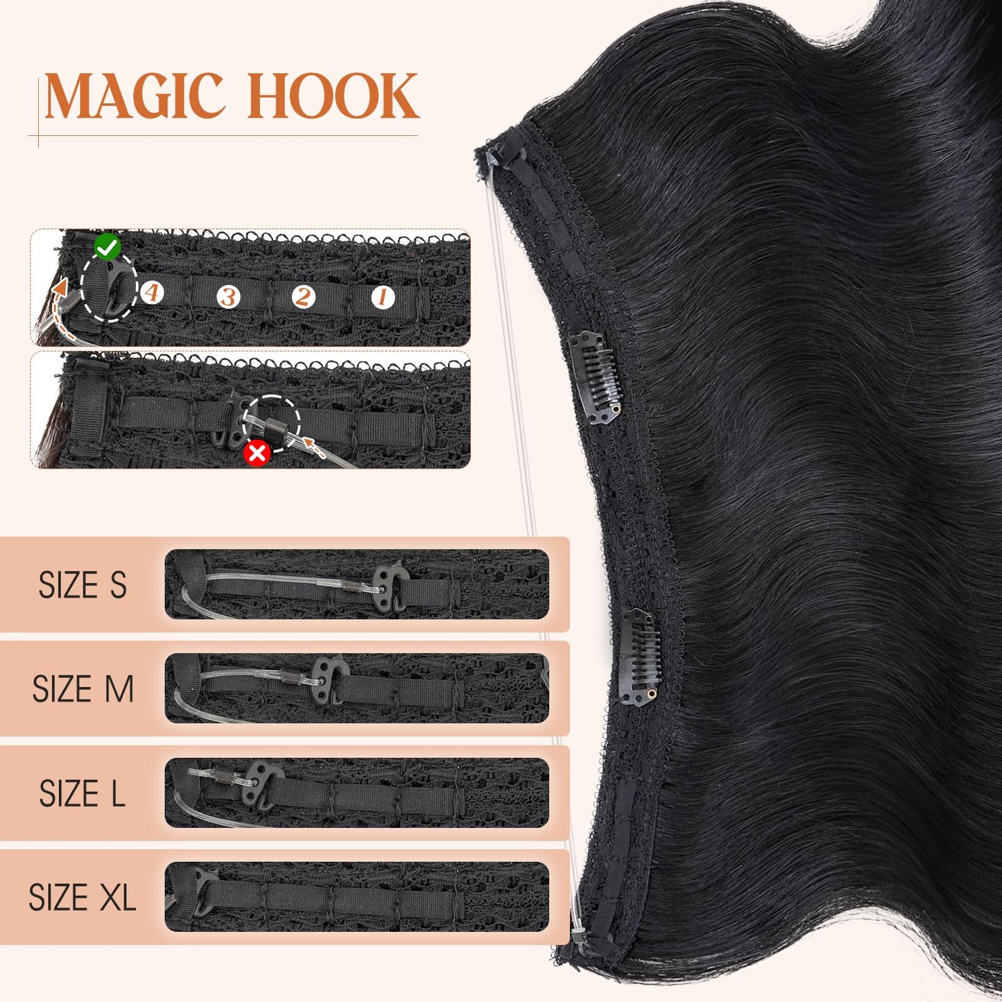 S-noilite Wavy Halo Hair Extensions Real Human Hair,20Inch Invisible Wire Hair Extensions,2 Clips Halo Extensions for Women(Jet