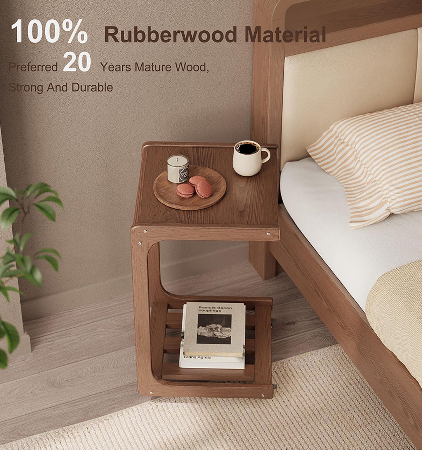 TIMBERKNOWS Soild Wood Rolling Side Table Desk,C-Shaped End Table with Wheels,Rolling end Table,TV Tray Table for Couch Sofa/Bed,Small Overbed Bedside Tray Table with Storage