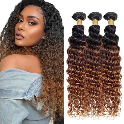 Habiliana Bundles Human Hair 20 22 24 Inch Omber Deep Wave Human Hair Bundles Natural Chocolate Brown T1B/4/30 11A Unprocessed Brazilian Virgin Quick Weave Hair Extensions for Black Women