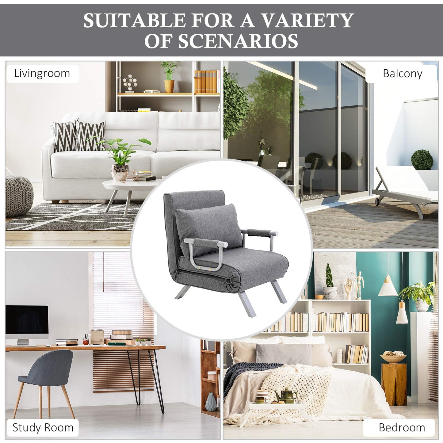 HOMCOM Single Person Folding 5 Position Convertible Sofa Bed Sleeper Chair Chaise Lounge Couch w/Pillow & Steel Frame for Home Office, Light Grey