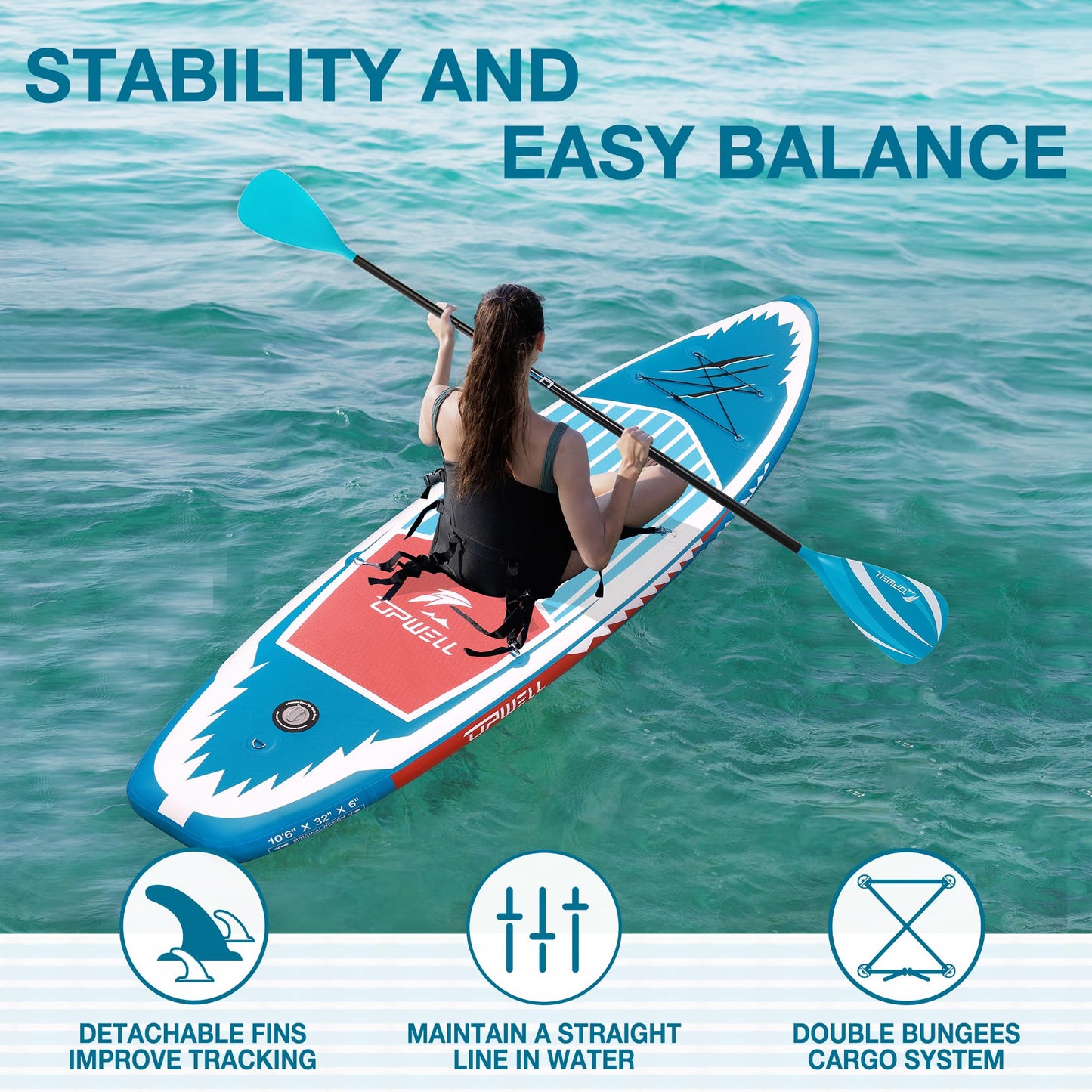 UPWELL 10’6”Inflatable Stand Up Paddle Board with Seat, SUP Inflatable Paddle Boards for Adults Paddleboards, Blue Shark