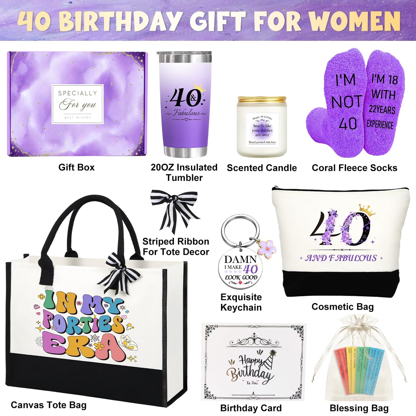 40th Birthday Gifts for Women Her, Funny Birthday Gifts for 40 Year Old Woman, Unique 40 Fabulous 1985 Tote Bag Set, Happy 40th BirthdayGift Basket for Her Mom Sister Friend Wife