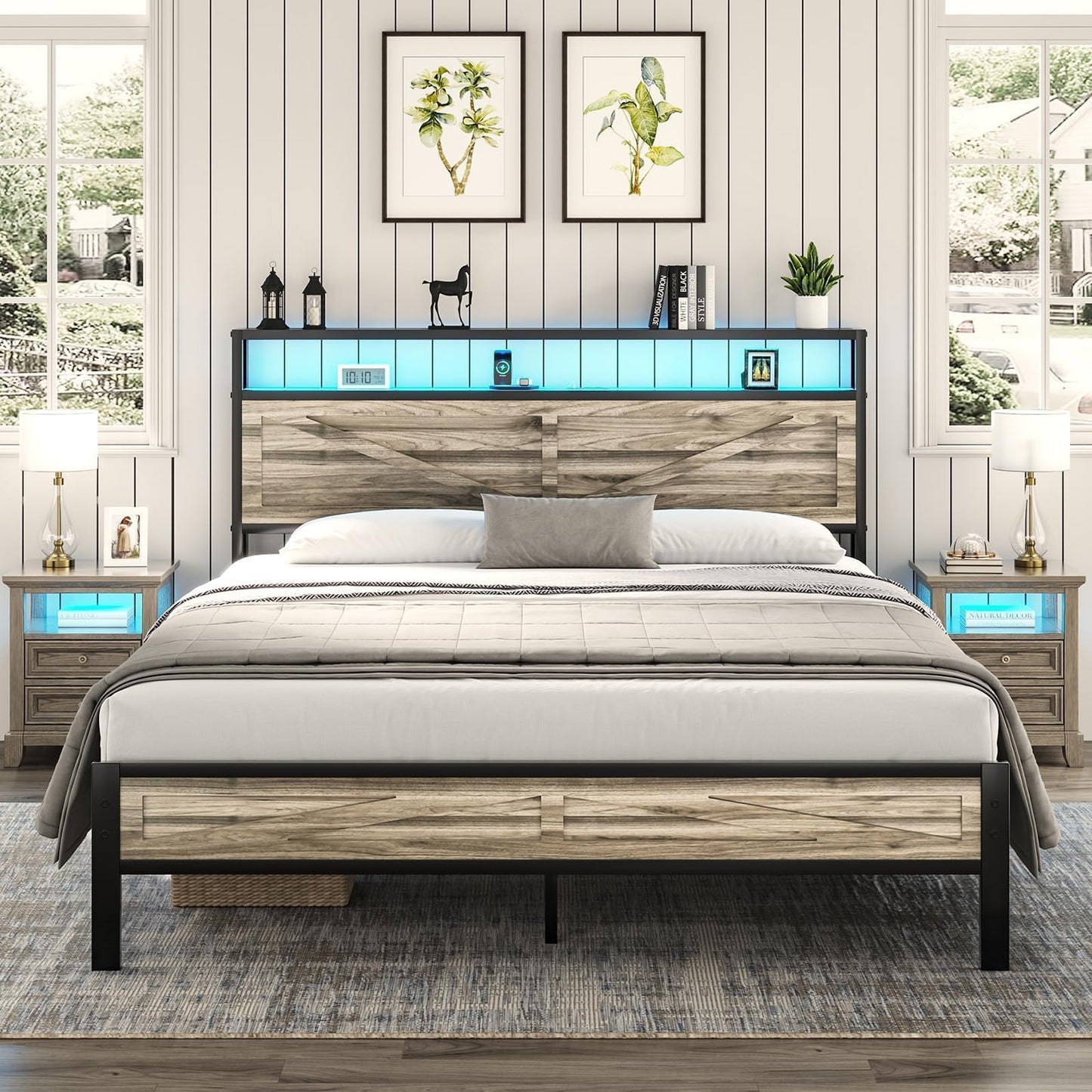 Queen Bed Frame with Headboard, Queen Bed Frames with Outlets and LED Lights, Rustic Bed Frame with Storage Headboard, Farmhouse Barn Door Design, Noise Free, No Box Spring Needed, Wash Grey