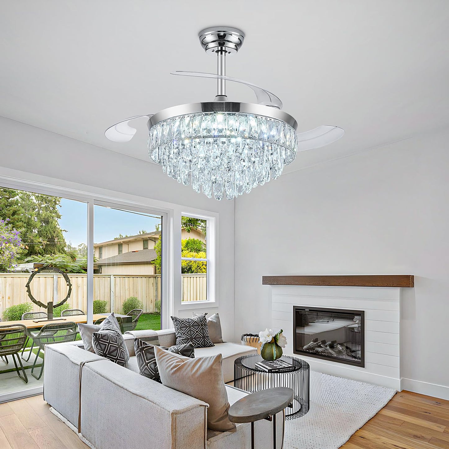 Deliyfans 42'' Chandelier Ceiling Fan with Lights, Retractable Fan with Remote and APP, Crystal Fandelier Ceiling Fan, Dimmable LED, Reversible Motor, Quiet for Bedroom Living Room-Chrome