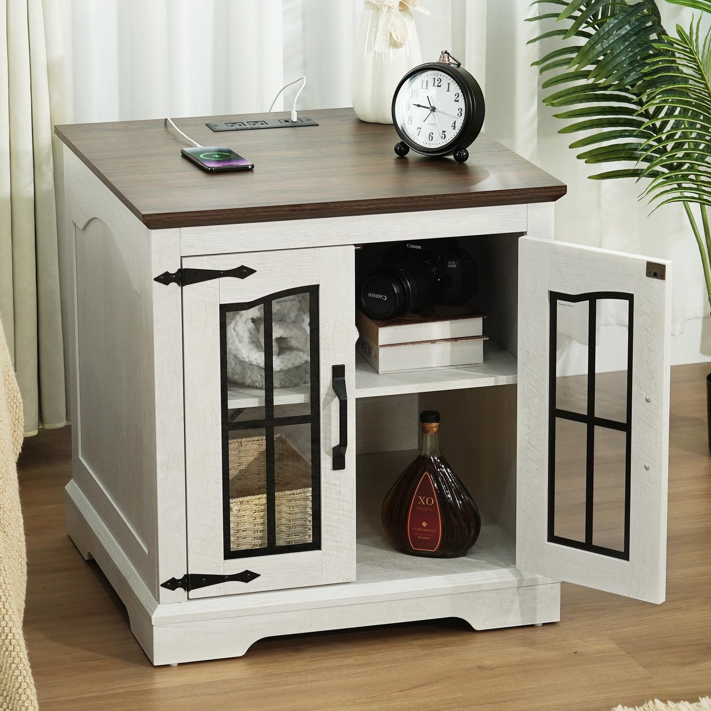 TRONLEE End Table with Charging Station, 23.6" Large Farmhouse Square Nightstand with Glass Barn Door, Sofa Side Table with Adjustable Storage Shelf for Living Room, Bedroom (White Walnut)