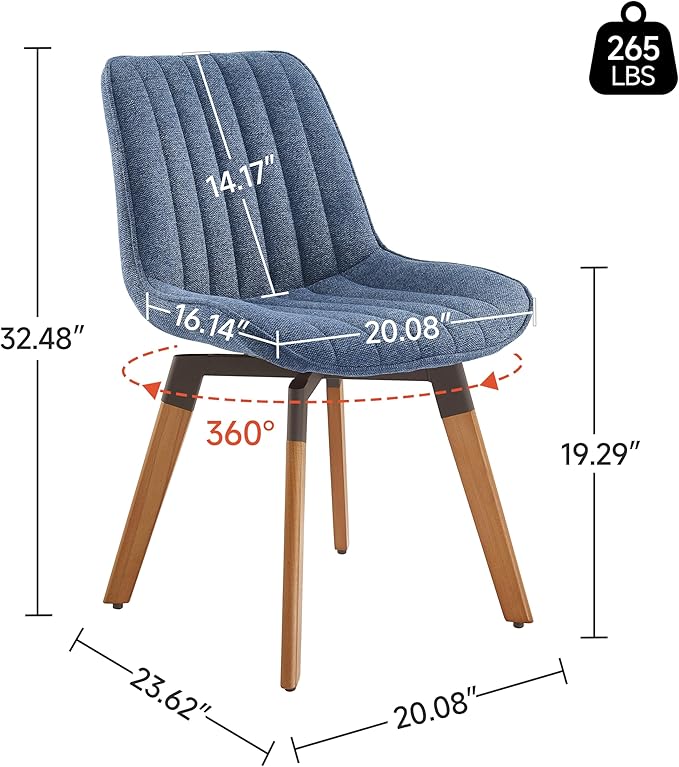 Art Leon Swivel Dining Chairs Set of 2, Mid Century Modern Kitchen Dining Room Chairs, Upholstered Fabric Armless Side Chair with Wood Legs for Living Room Bedroom, Blue