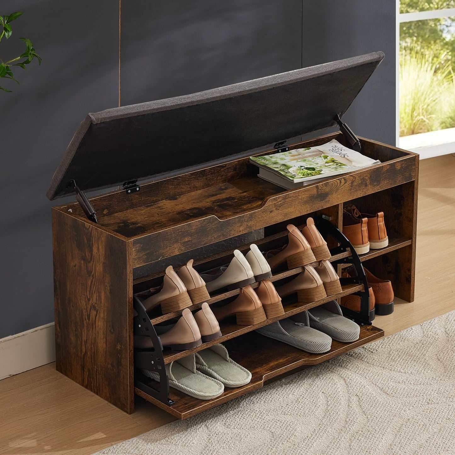Shoe Storage Bench with Flip Drawers & Lift Top Storage Box, Entryway Bench with Seat Cushion, 3-Tier Short Shoe Cabinet with Adjustable Shelves for Entryway, Hallway, Living Room, Mudroom, Brown