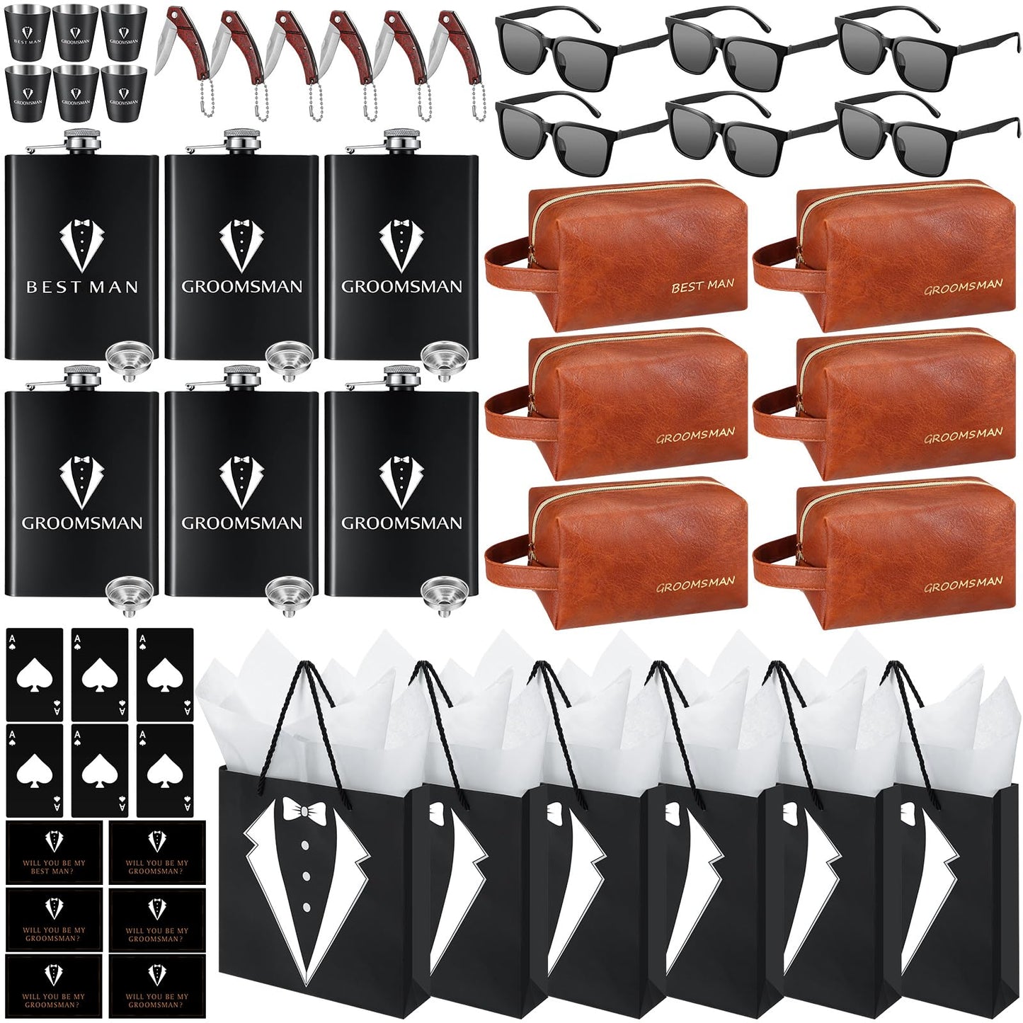 60Pcs Groomsmen Gifts Set of 6, Groomsmen Proposal Box with Flasks Sunglasses PU Leather Toiletry Bag Bottle Opener for Wedding Groomsman Best Man Gift