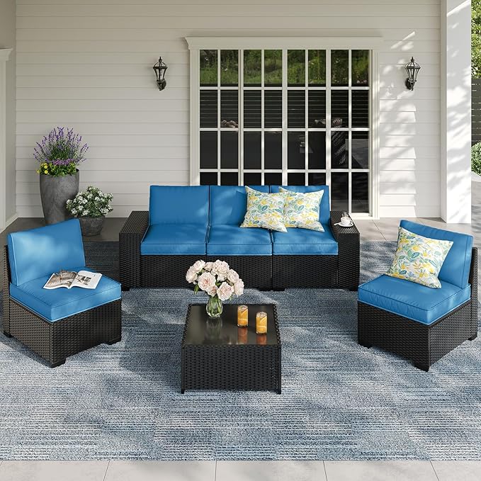 SunloungeCo Patio Furniture Set, 6 Pieces Outdoor Couch Sofa with Wider Armrests & Glass Coffee Table, Outdoor Sectional Furniture with Thick Cushions for Party, Poolside,Garden-Peacock