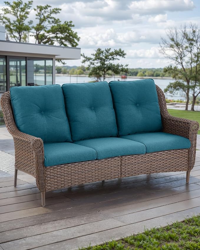 ACTREST Patio Couch Outdoor Wicker Sofa - Heavy Duty All-Weather Brown Rattan 3-Seater with High Back and Comfortable Thick Cushions for Garden Back Porch Poolside Apartment - Peacock Blue