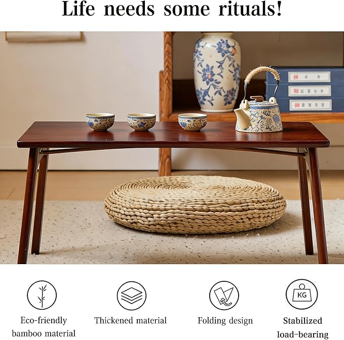 JIKUGO Japanese Floor Table No Assembly Required Bamboo Folding Walnut Coffee Table Bedroom 26x15.8x11.8in Furniture Low Tea Table for Sitting on The Floor Chestnut Large