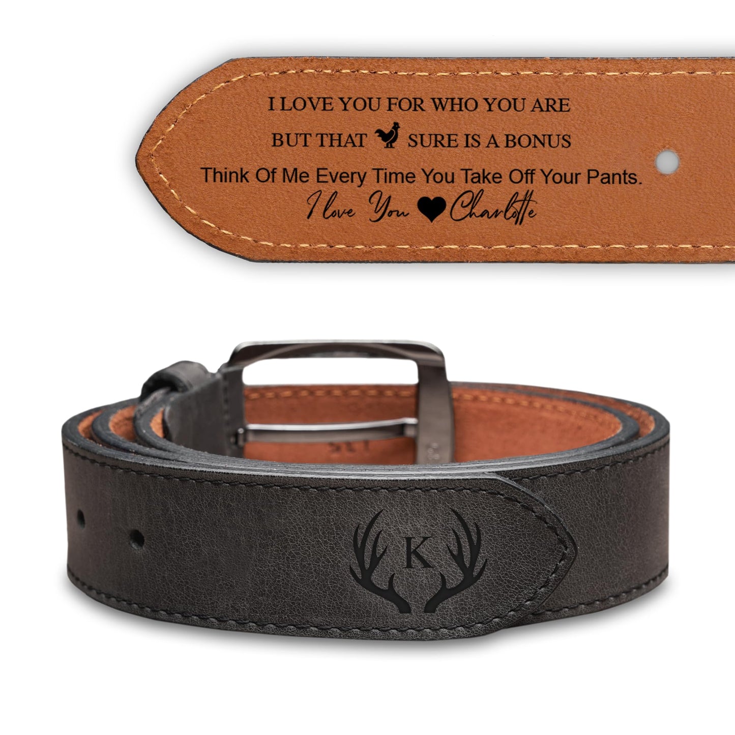 Awesometik Personalized Everyday Leather Belt for Anniversary - 100% European Full Grain Real Leather-Valentines Day Gift for Husband, Casual Jean Belts (Black Engraved, 32 inch)