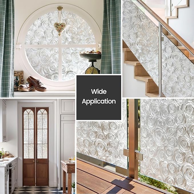Window Privacy Film, Frosted Glass Decorative Static Cling, Removable Sun Blocking Vinyl Covering,Window Film for Home Kitchen Living Room Bathroom,Sea of Flowers,17.3" x 78.7"