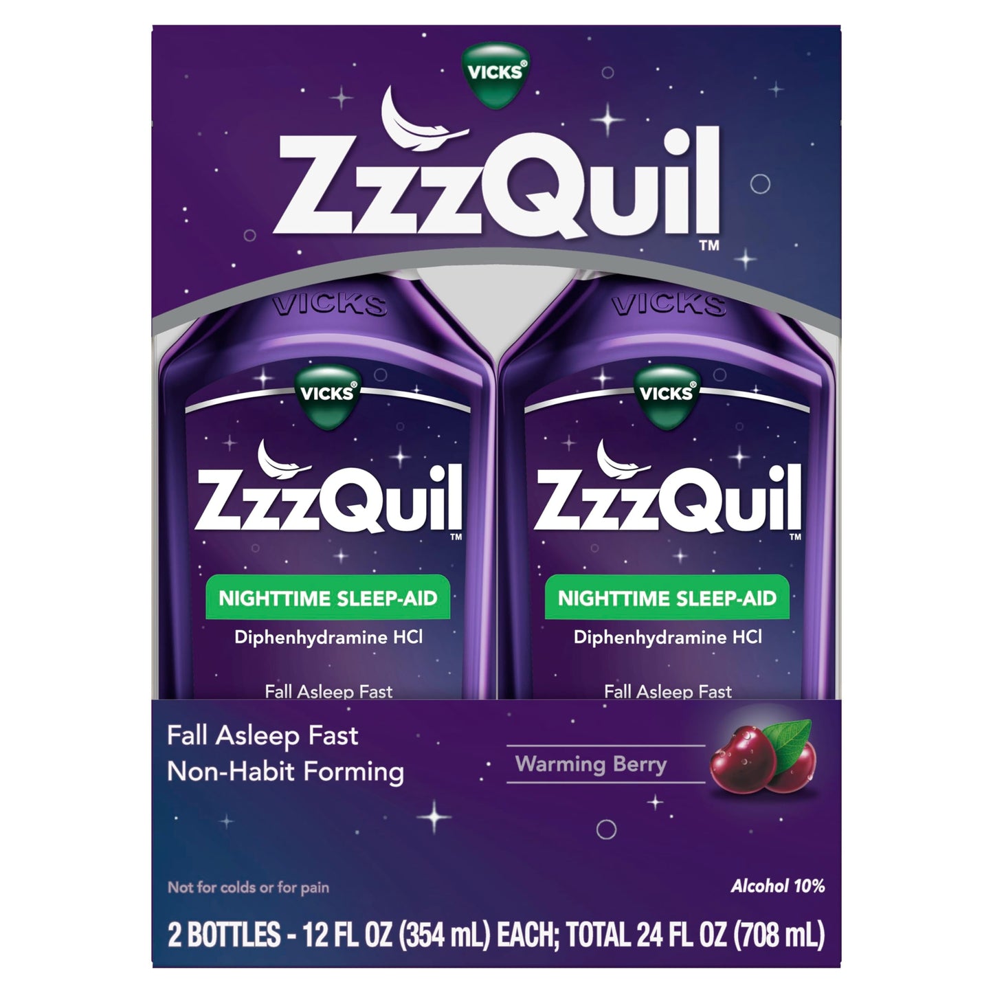 ZzzQuil, Sleep Aid, Nighttime Sleep Aid Liquid, 50 mg Diphenhydramine HCl, Fall Asleep Fast, Non-Habit Forming, Warming Berry Flavor, 12 FL OZ (Pack of 2)