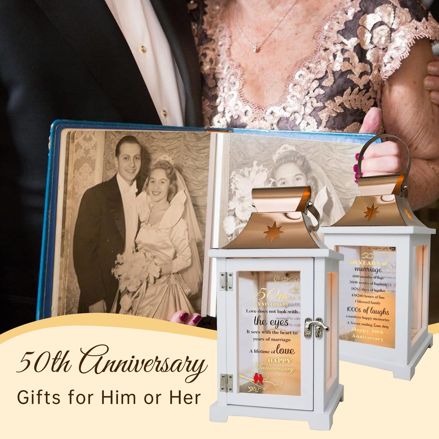 Best 50th Anniversary Wedding Gifts for Couple, Wife, Parents, Husband - 50th Wedding Anniversary Lantern, Golden 50 Years of Marriage Gifts for Couple, Wife, Her, Women