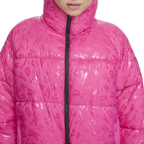 DKNY Women's Performance Repreve Fill Boxy High Low Puffer, Peacock Jumbled Logo