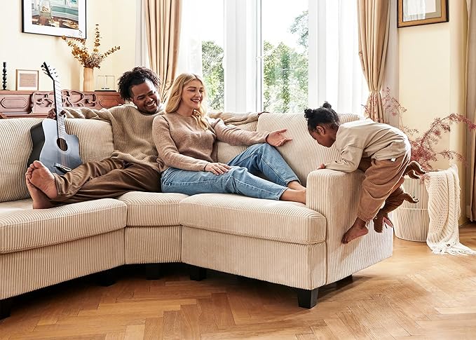 Nolany Modular Sectional Couch with Storage Ottoman, Corduroy Sleeper Sectional Sofa with Chaise, Sectional Couches for Living Room, Beige