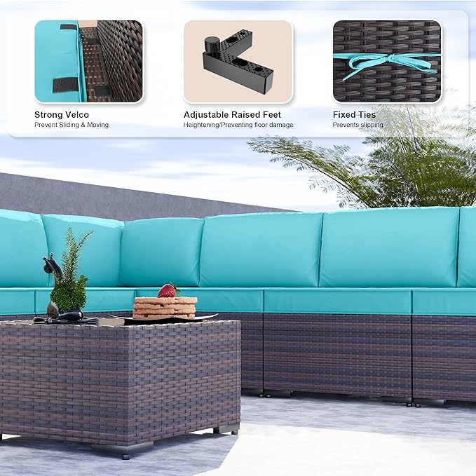 Kullavik 9 Pieces Outdoor Patio Furniture Set,Sectional Rattan Sofa Set Brown PE Rattan Wicker Patio Conversation Set with Tempered Glass Coffee Table and Washable Cushions Covers,Turquoise Blue