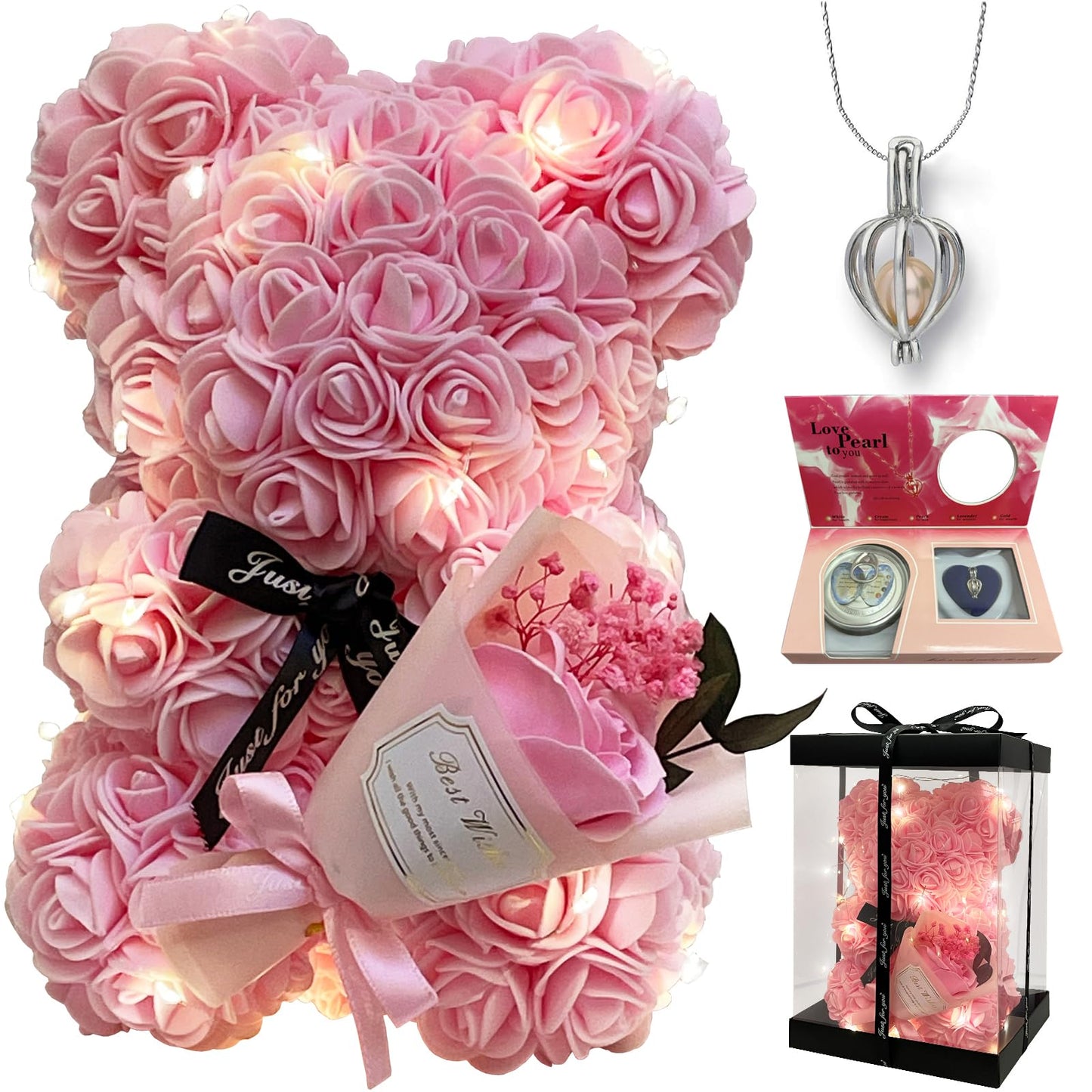 Mothers' Day Gift For Mom Grandma Pink Rose Flower Teddy Bear Blind Box Pearl Necklace For Valentine’s day Birthday Holiday Gifts For Her, Wife Girlfriend Women Gift Wedding Anniversary Home Decor