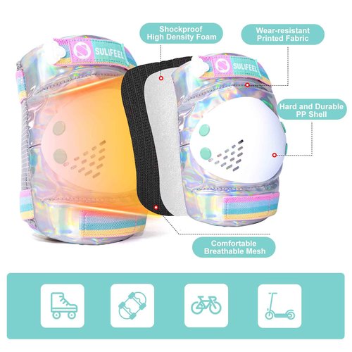 SULIFEEL Rainbow Unicorn Roller Skates for Youth Size Large and Adjustable Protective Gear Set Shiny Medium