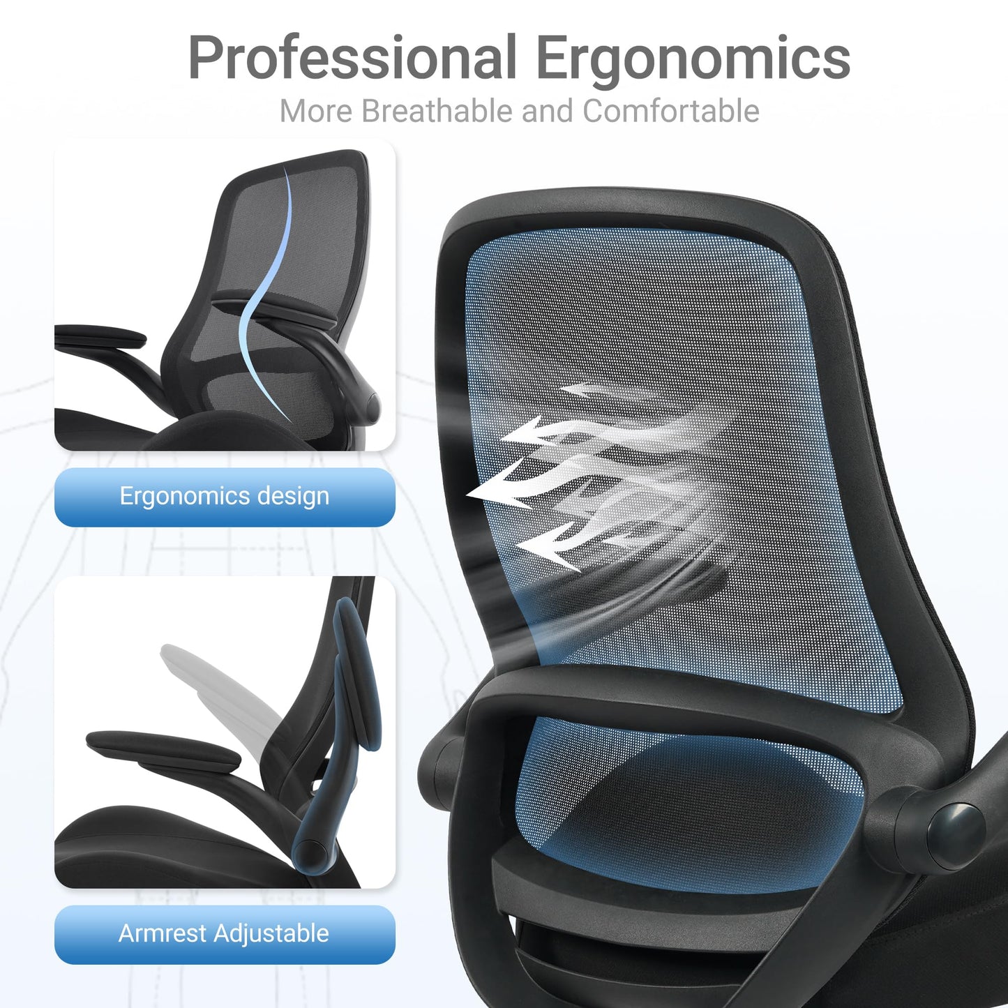 HYLONE Drafting Chair Tall Office Chair with Flip-Up and Adjustable Armrests Ergonomic Computer Chair with Adjustable Footrest Ring Mesh Standing Desk Chair (Black)