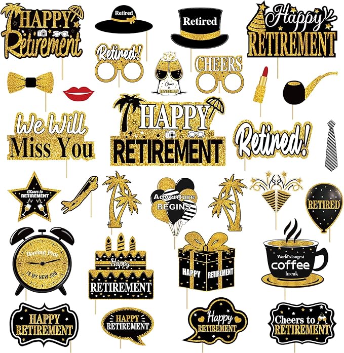 Kuxriox 30Pcs Happy Retirement Party Decorations for Men Women, Black Gold Retirement Photo Booth Props, Cheers to Retirem...