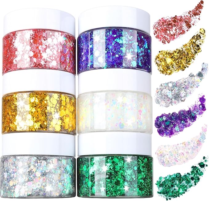 FANDAMEI Body Glitter Gel- 6 Color Glitter Makeup Face Paint for Body&Face&Hair, Rave Festival Mermaid Halloween Concert, ...