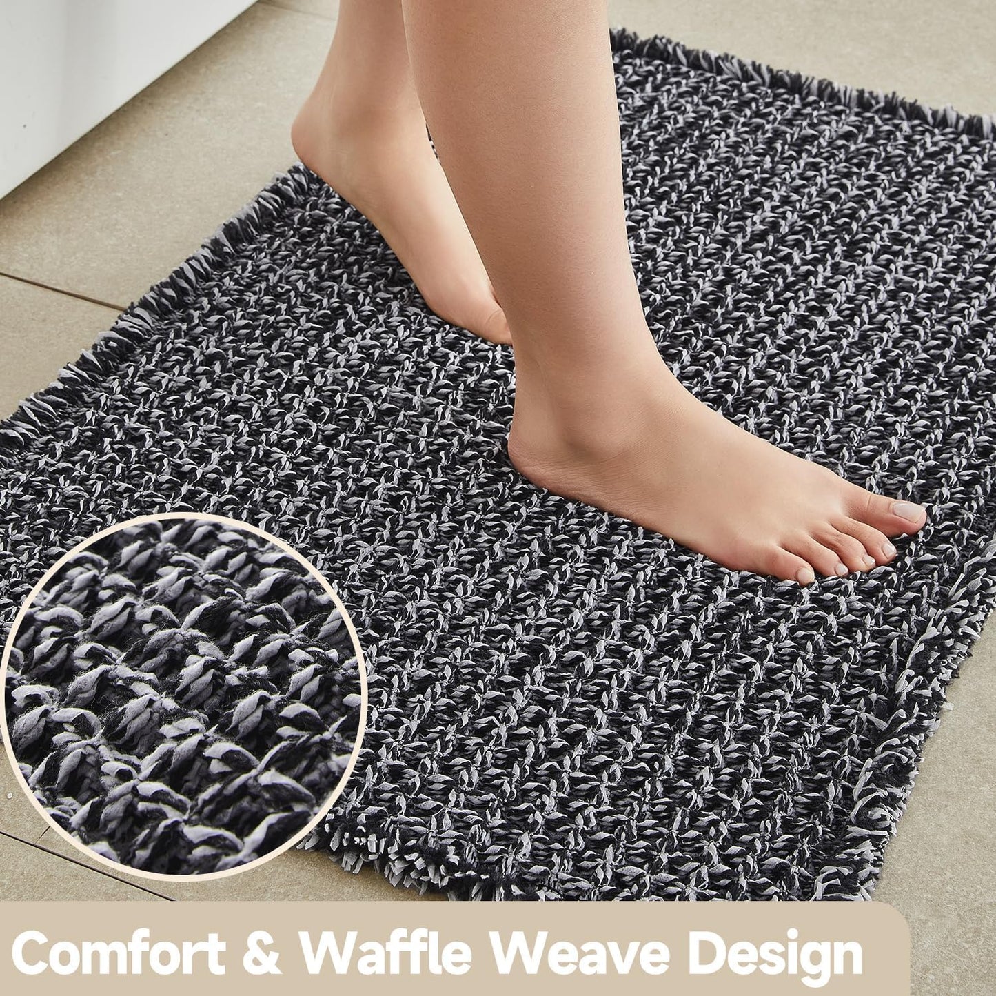 Black and White Bathroom Rugs, Waffle Bath Mat Non Slip Washable Super Absorbent Quick Dry Boho Farmhouse Bathroom Decor, 24"x16" Black and White
