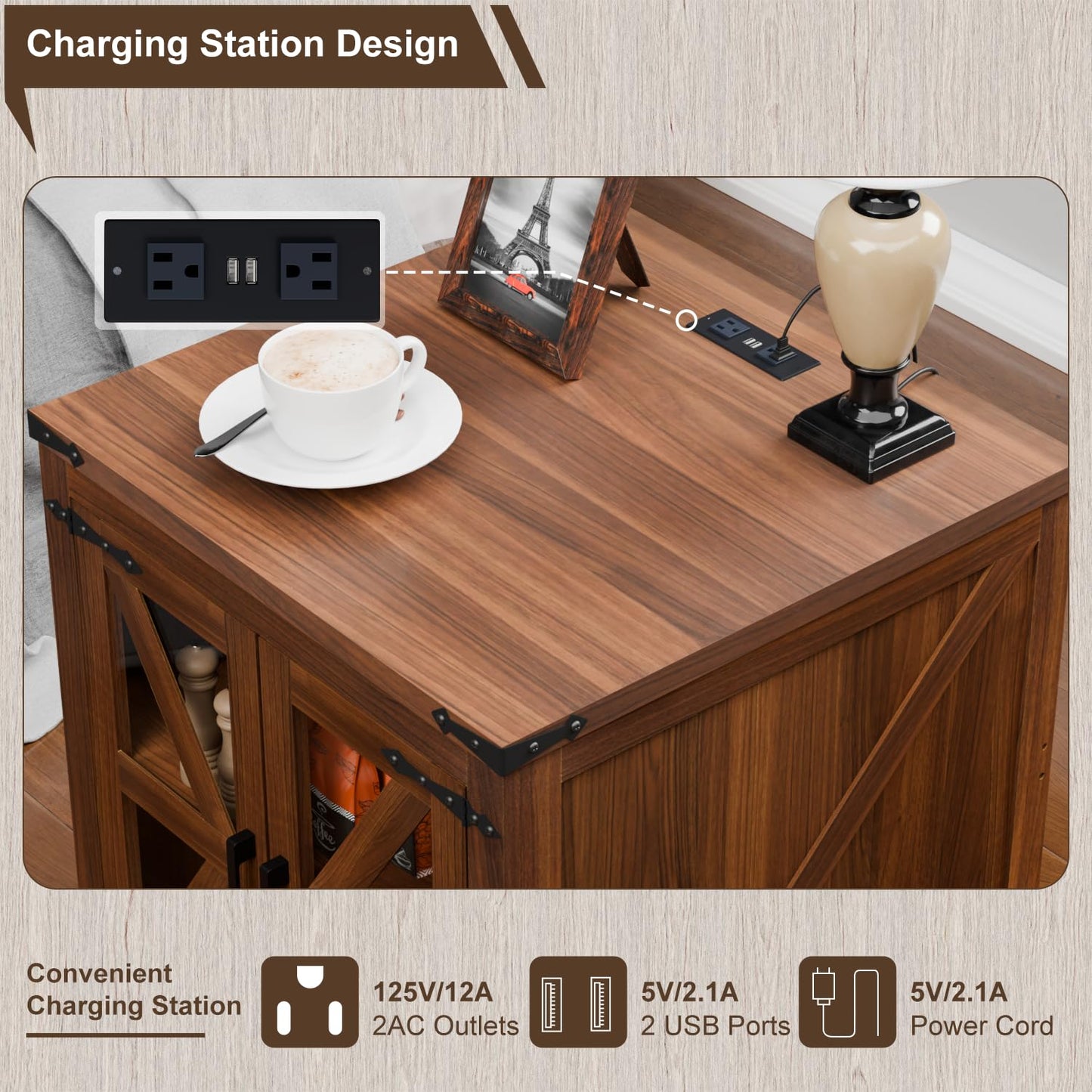 VITESSE Farmhouse End Table, 24" Large Wood Square Nightstand with Doors, Sofa Side Table with Charging Station Modern Nightstand Storage Cabinet for Living Room, Bedroom, Entryway (Brown)
