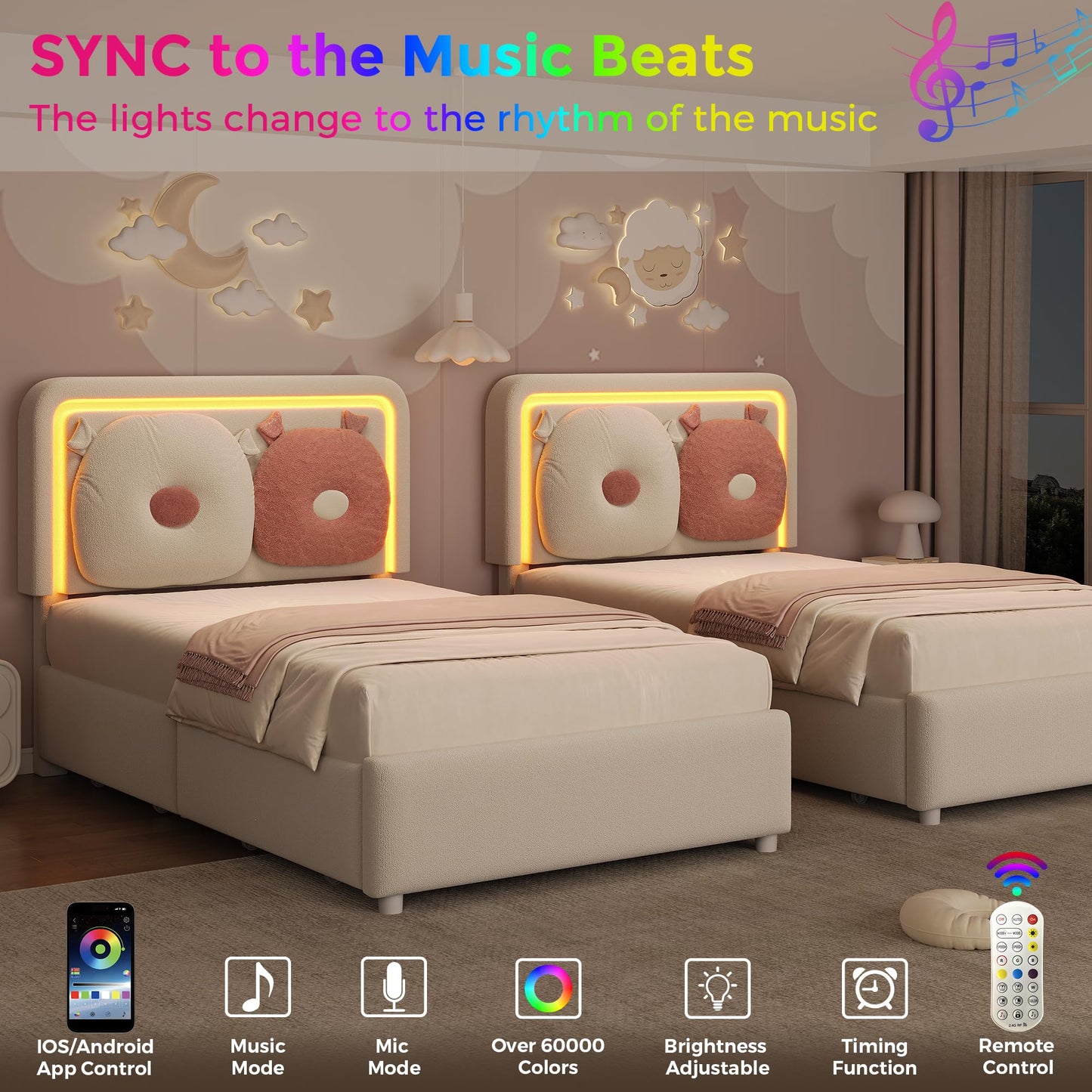 Twin Bed Frame with Boucle Upholstered Headboard, Girls Bed with 2 Drawers, Solid Wood Slats Support, No Box Spring Needed/Easy Assembly, White Twin Bed
