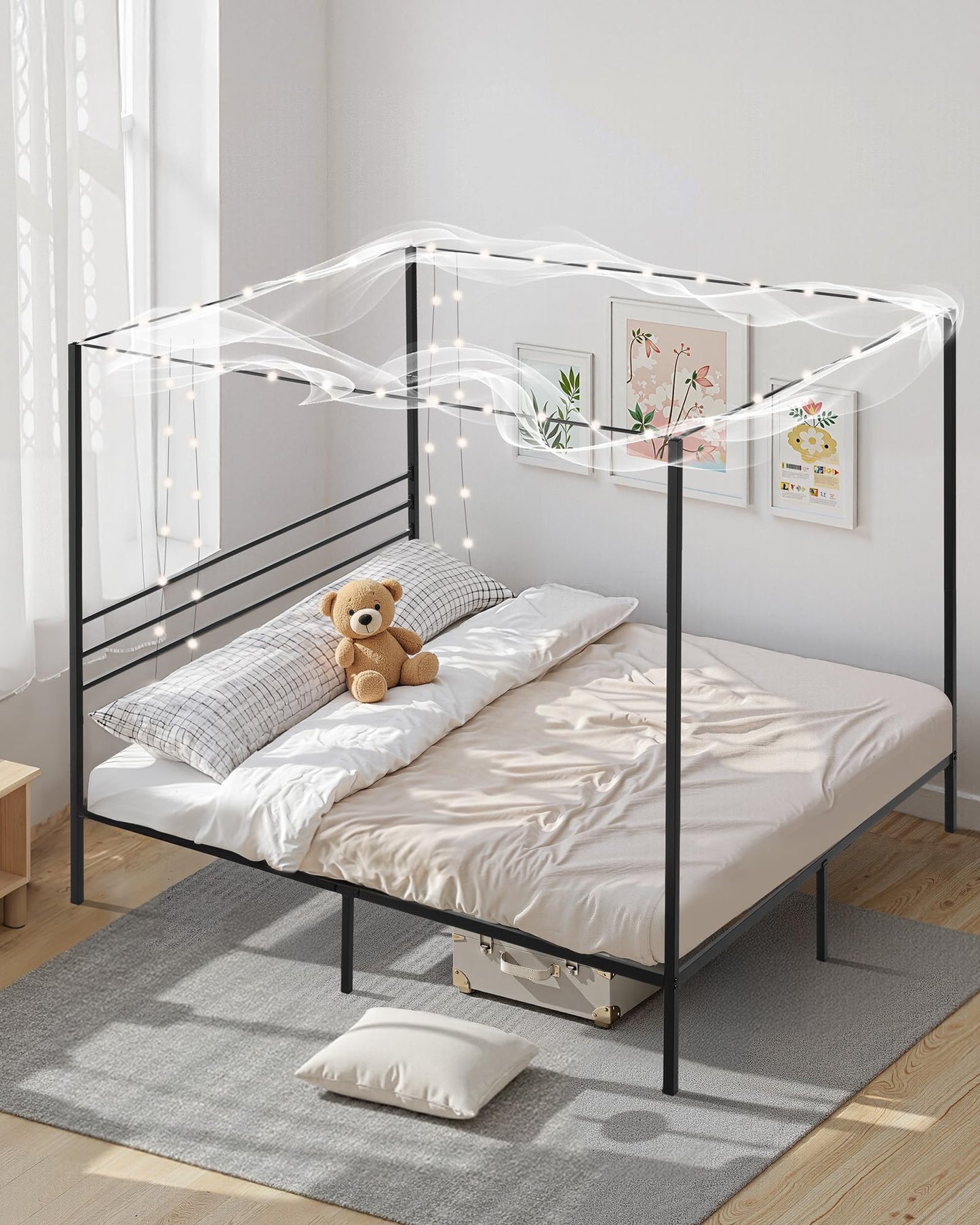 VEVOR King Size Canopy Bed Frame, Metal Canopy Bed with Four Posters Design, Heavy Duty Steel Slats Support, Underbed Storage Space, No Box Spring Needed, Easy Assembly, Black