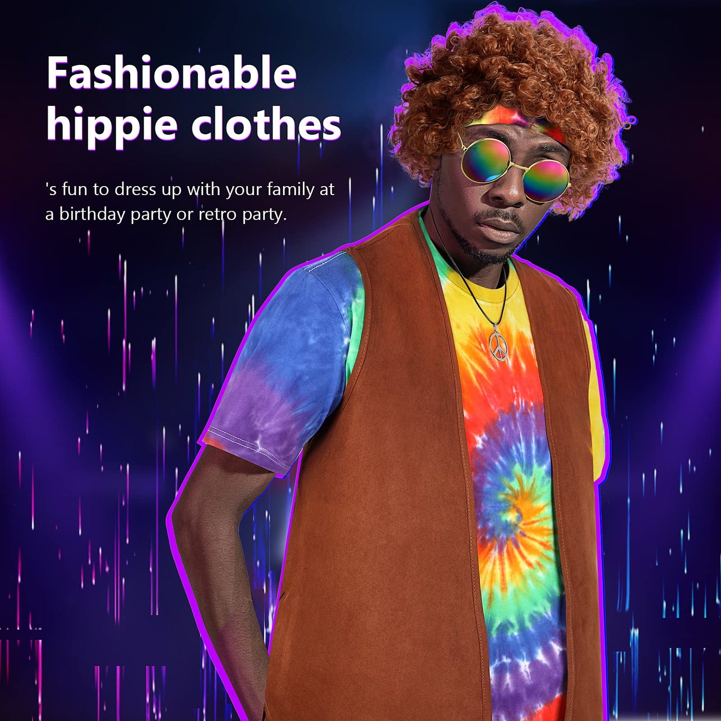 Sintuff 6 Pcs Men's Hippie Costume Set Hippie Fringe Vest Accessories for 60 70s Carnival Party Halloween Outfits(XL)