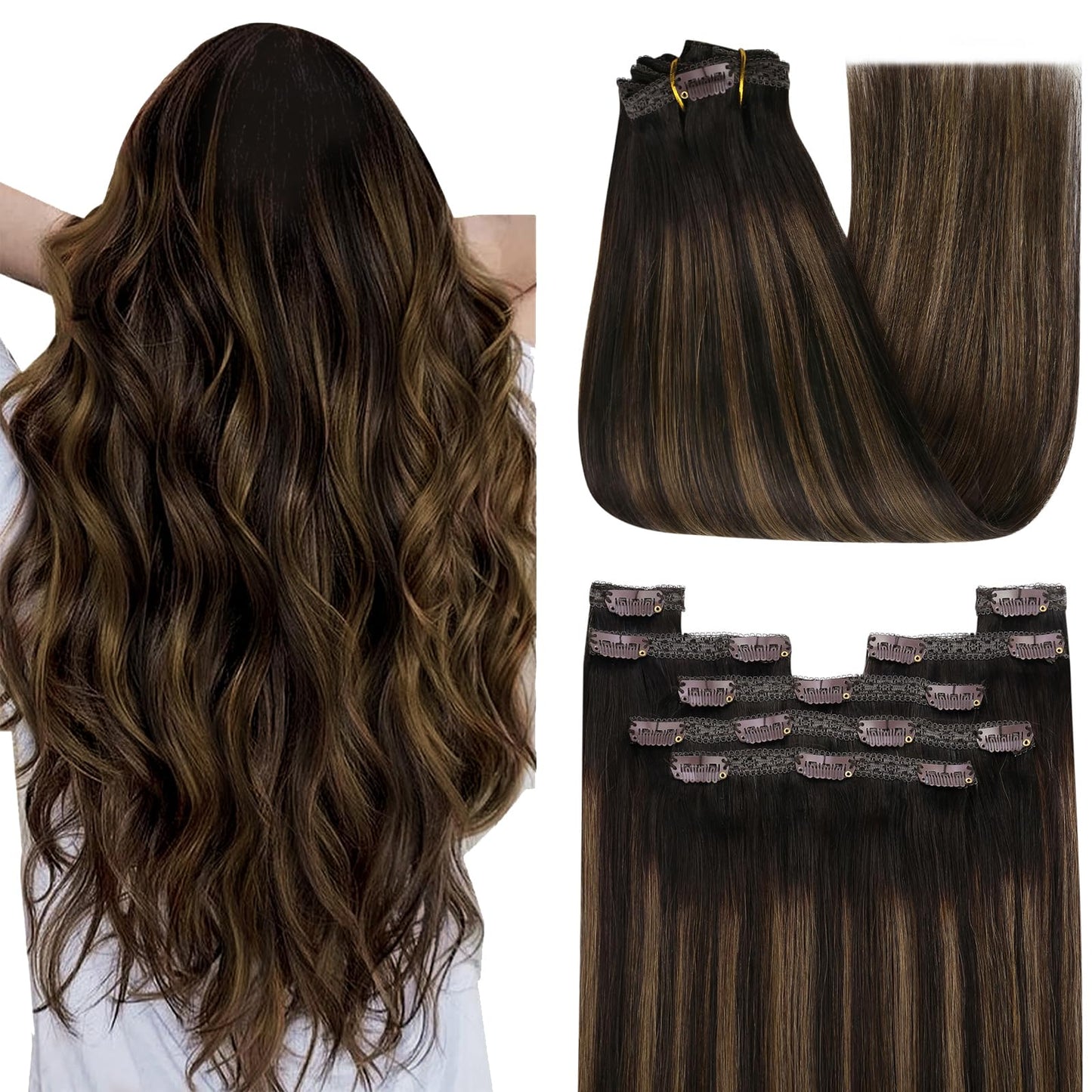 YoungSee Clip in Hair Extensions Balayage Remy Human Hair Clip in Extensions Dark Brown Mix Medium Brown Highlights Short Hair E