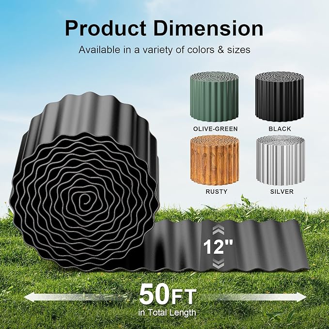 Land Guard Corrugated Garden Edging Border, 12" × 50' Landscape Paver Edging, Tall Landscape Edging, Fence for Garden, Flower Bed, Lawn and Landscape Edging (Black)