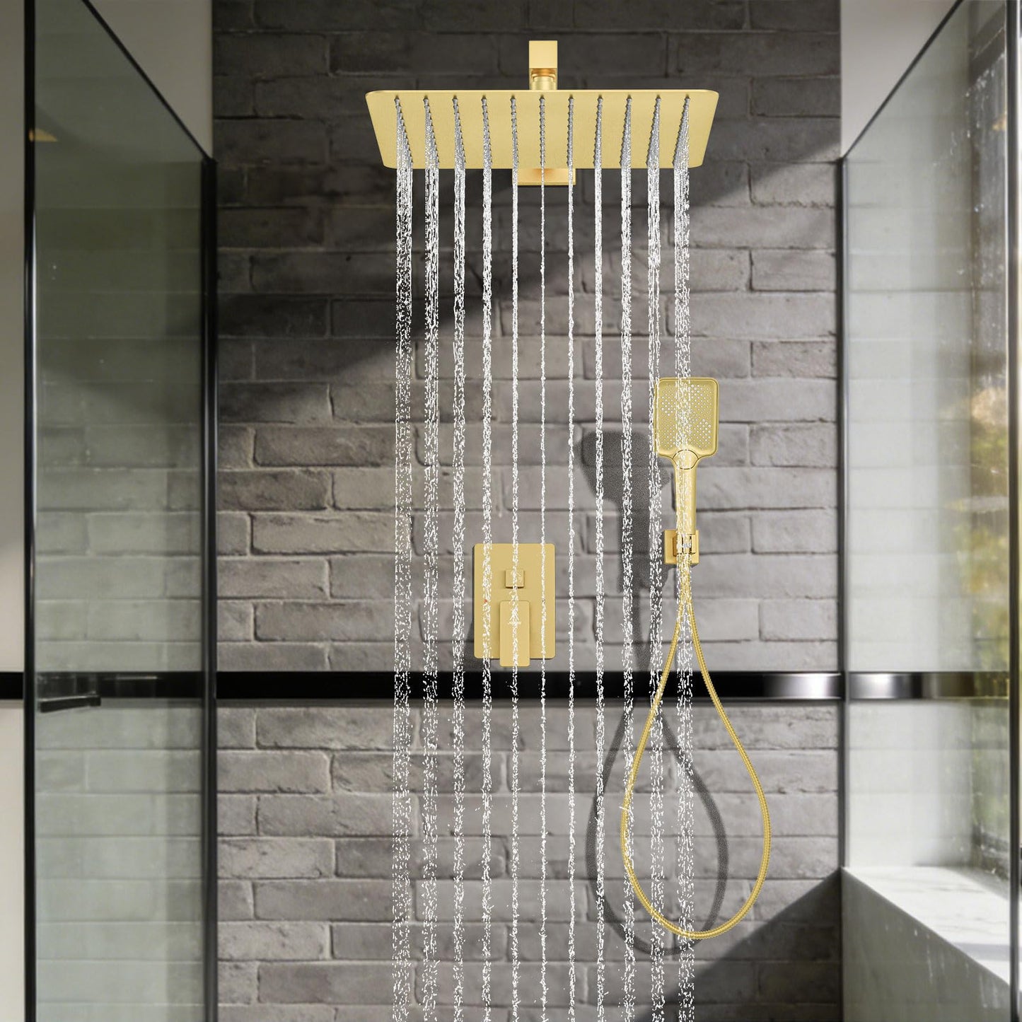 JQBQS Shower System Modern Rain Brass Faucet Set With Valve and Diverter Shower Mixer With Handheld High Pressure Square Rainfall Shower Valve (12'' Wall Mount, Brushed Gold)