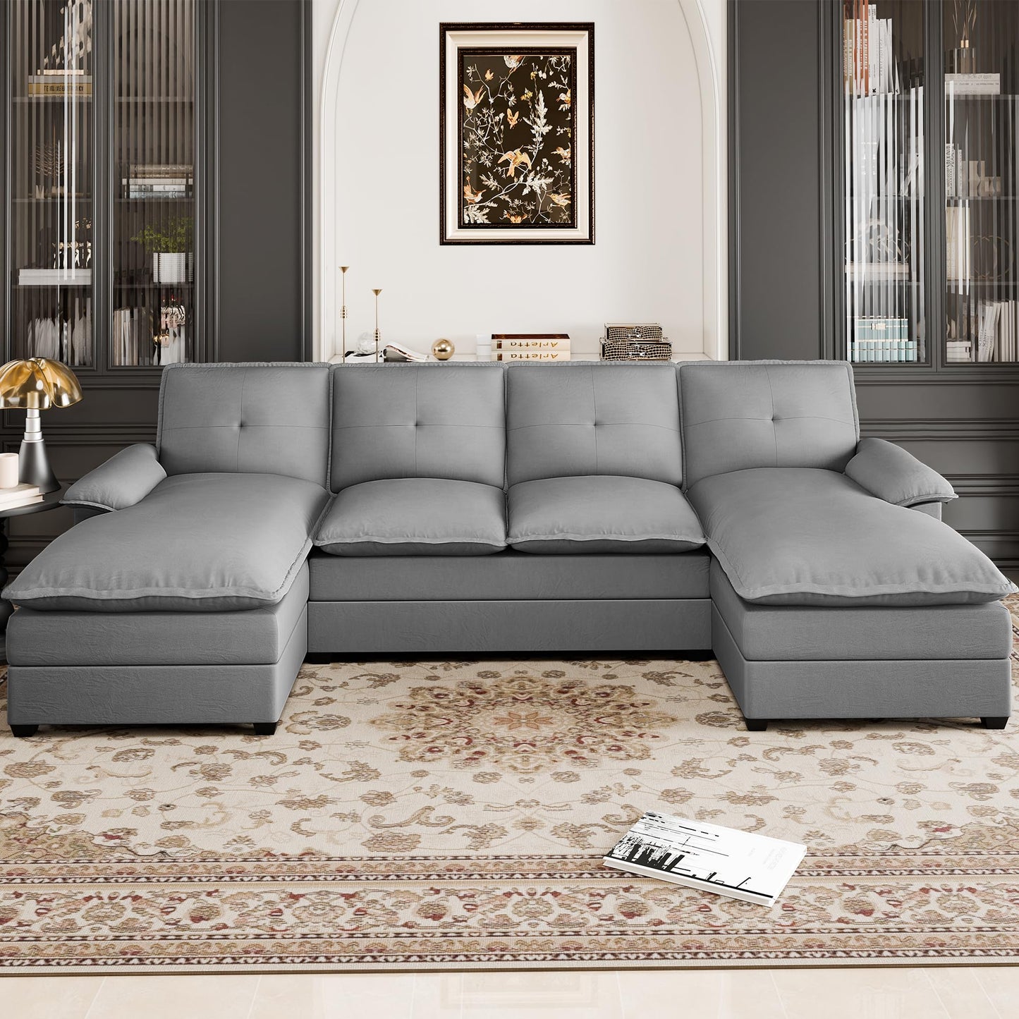 U Shaped Sectional Couch for Living Room,110" 4-Seater Comfy Couch with Double Chaise,Deep Seat Modular Sofa Couches with Thick Cushion & Soft Backrest,Light Grey