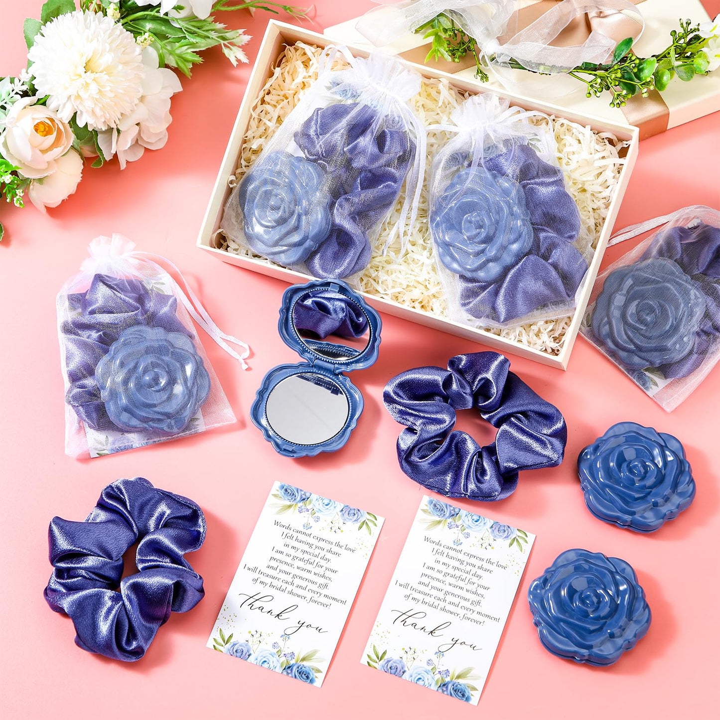 XunYee 30 Sets Bridal Shower Favors for Guests 30 Rose Compact Mirror Bulk 30 Hair Ties Satin Elastic Scrunchies 30 Thank You Ca