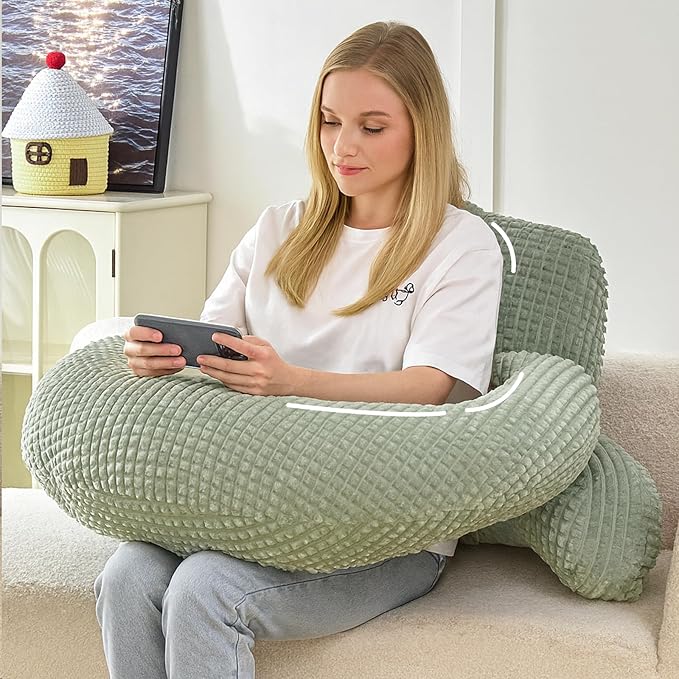 PAJEO Reading Pillow for Bed,U Shaped & Back Support Pillow for Bed,19" Backrest with Lumbar & Arm Support,Comfy Flannel Fabric,Lap Pillow for Gaming/Reading/Watching TV,Green