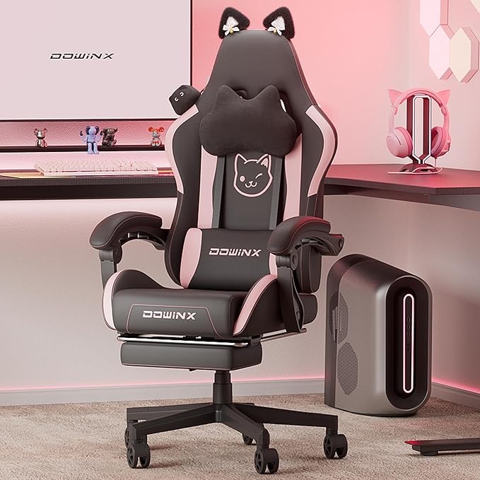 Dowinx Gaming Chair Cute with Cat Ears and Massage Lumbar Support, Ergonomic Computer Chair for Girl with Footrest and Hea...