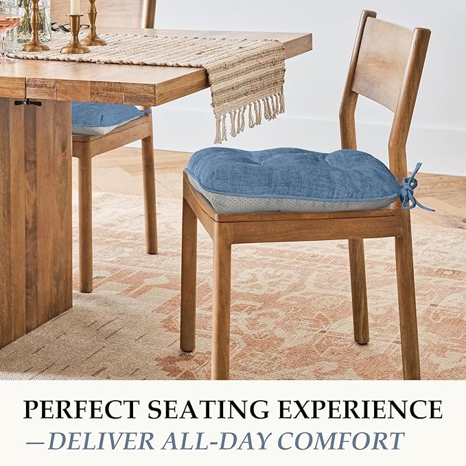 HARBOREST Chair Cushions for Dining Chairs Set of 2 - Chenille Tufted Kitchen Chair Cushions with Ties and Non-Slip Bottom, Foam Chair Pads for Dining Chairs, 17" x 17", Blue