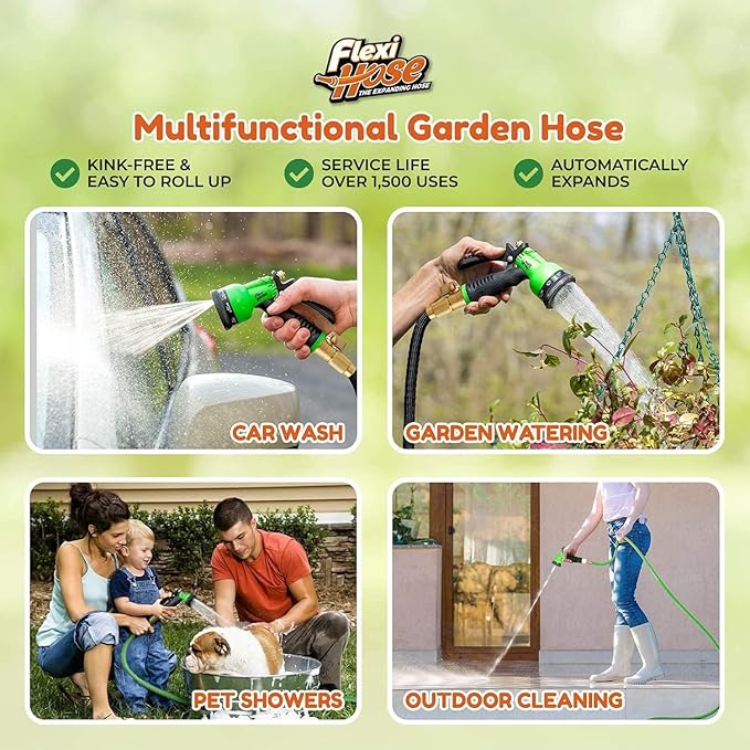 Flexi Hose Plus Expandable Garden Hose with 8 Function Nozzle, 150FT - Lightweight Retractable Garden Hose, Water Hose - No-Kink Flexibility, 3/4 Inch Solid Brass Fittings Includes Hook & Bag