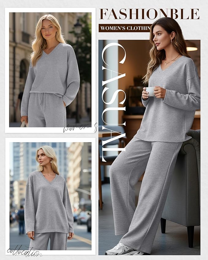 JoyMotion 2 Piece Women's Sweatsuit, V Neck Oversized Tracksuit Wide Leg Pant Fall Lounge Set Long Sleeve Sweatshirts Outfit